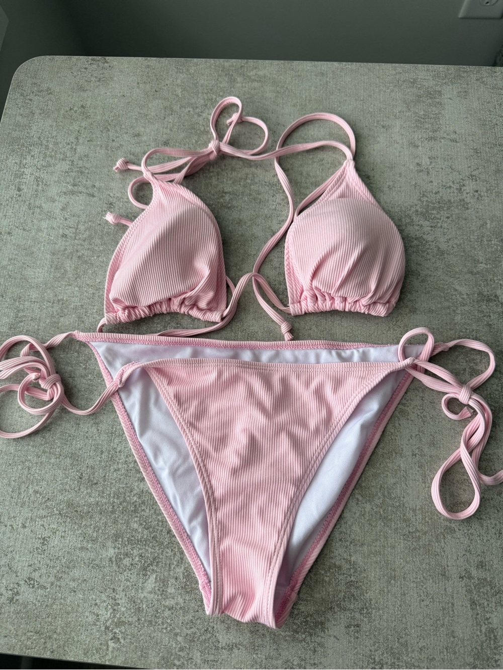Pink Ribbed String Bikini Two-Piece